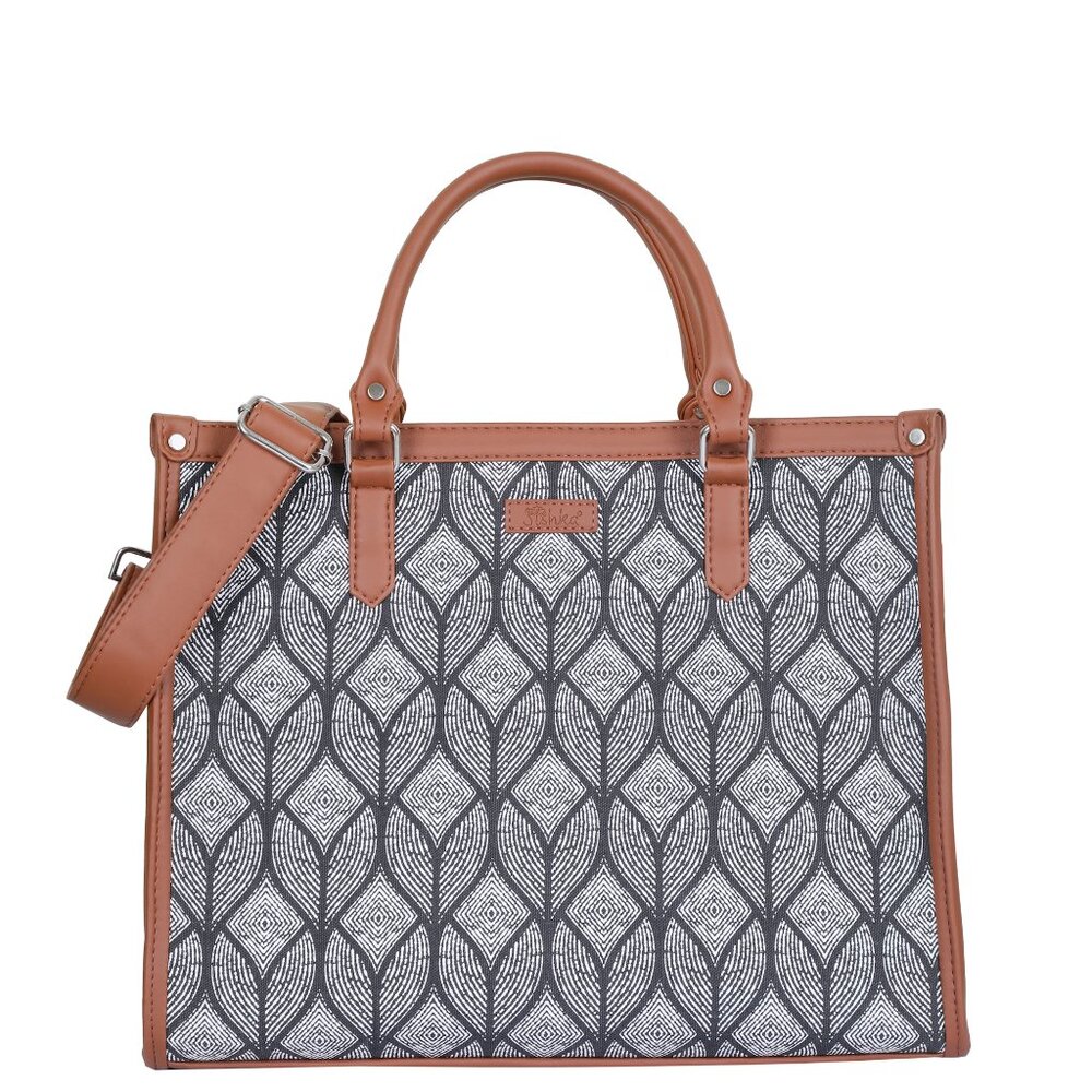 Hand Crafted Monochrome Printed Fabric Laptop Bag, Shoulder Satchel for Women